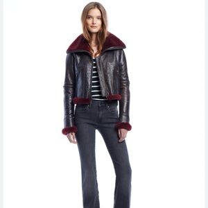 GAP 1969 Real Leather Shearling Trim Jacket Cropped Moto Burgundy Collar Sz L